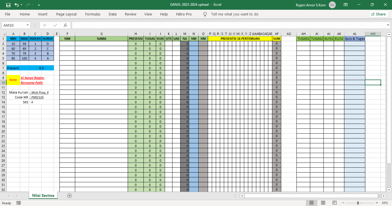 Template Penilaian excel Matakuliah